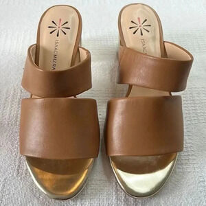 Isaac Mizrahi Leather Double Strap Slide Sandals w/ Block Heel Gold size 7m